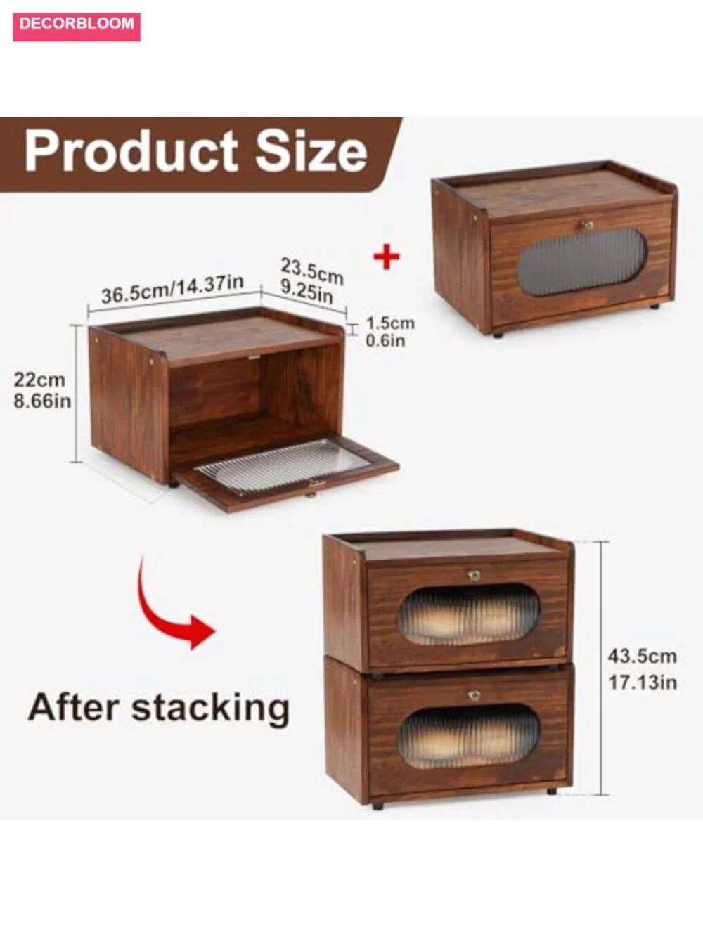 Wooden Bread Box with Acrylic Door for Kitchen Countertop Storage